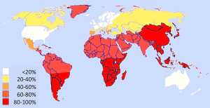 Mapa con la distribución mundial de la intolerancia a lactosa.